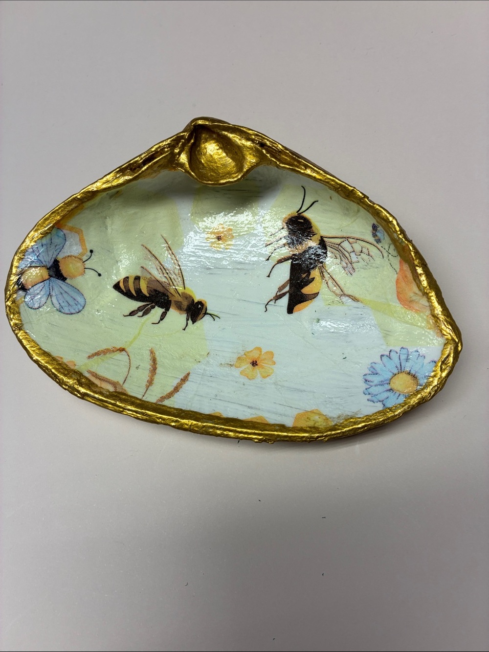 Pollinator Bee Shell Ring Jewelry Trinket Dish, Gold Trim, Cottage core